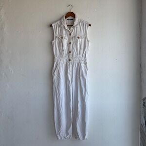 Zara White Denim Jumpsuit Size Medium Sleeveless Button Front Utility Jogger Hem